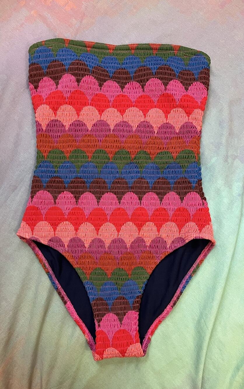 BODEN MILOS Smocked Bandeau Retro Waves Abstract Mod Swimsuit No Strap Size 2 US